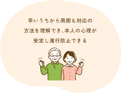 早いうちから周囲も対応の 方法を理解でき、本人の心理が 安定し進行防止できる